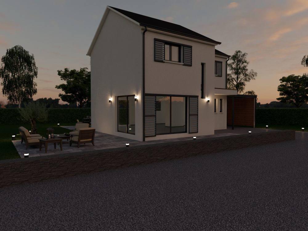 Maison X LSF 019, vue arrière jardin au crépuscule avec terrasses, coin repas et coin détente.