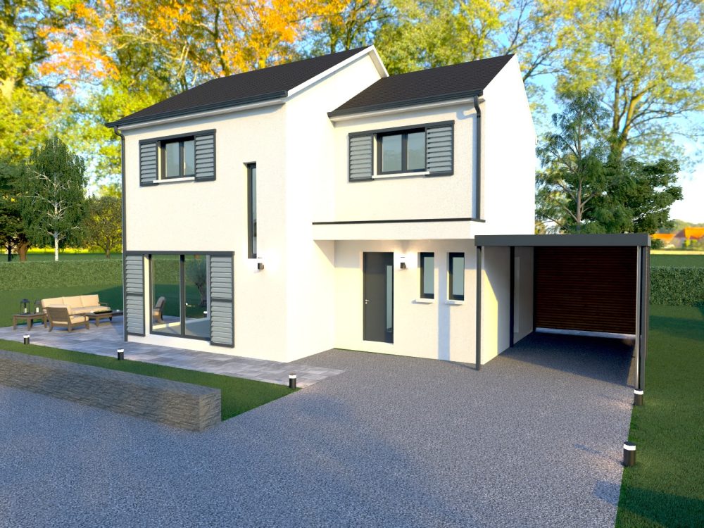 Maison X LSF 019, vue avant de jour avec carport latéral, entrée et stationnement.