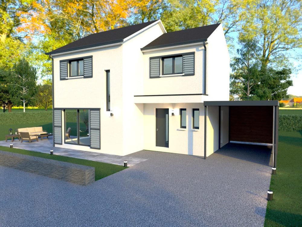 Maison X LSF 019, vue avant de jour avec carport latéral, entrée et stationnement.