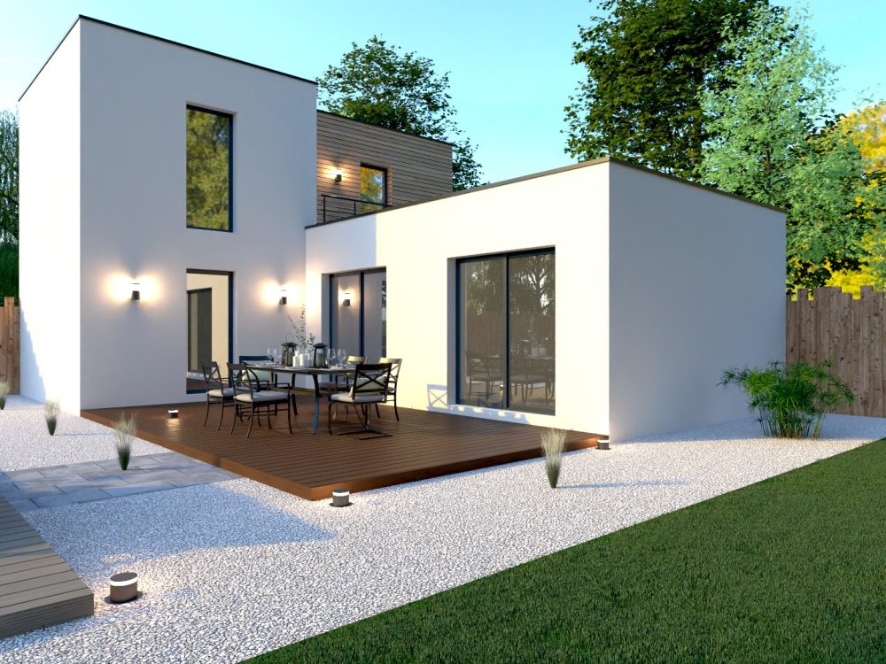 Maison contemporaine X LSF 021 en ossature métallique légère, 97 m², 3 chambres dont suite, grandes baies vitrées et terrasse