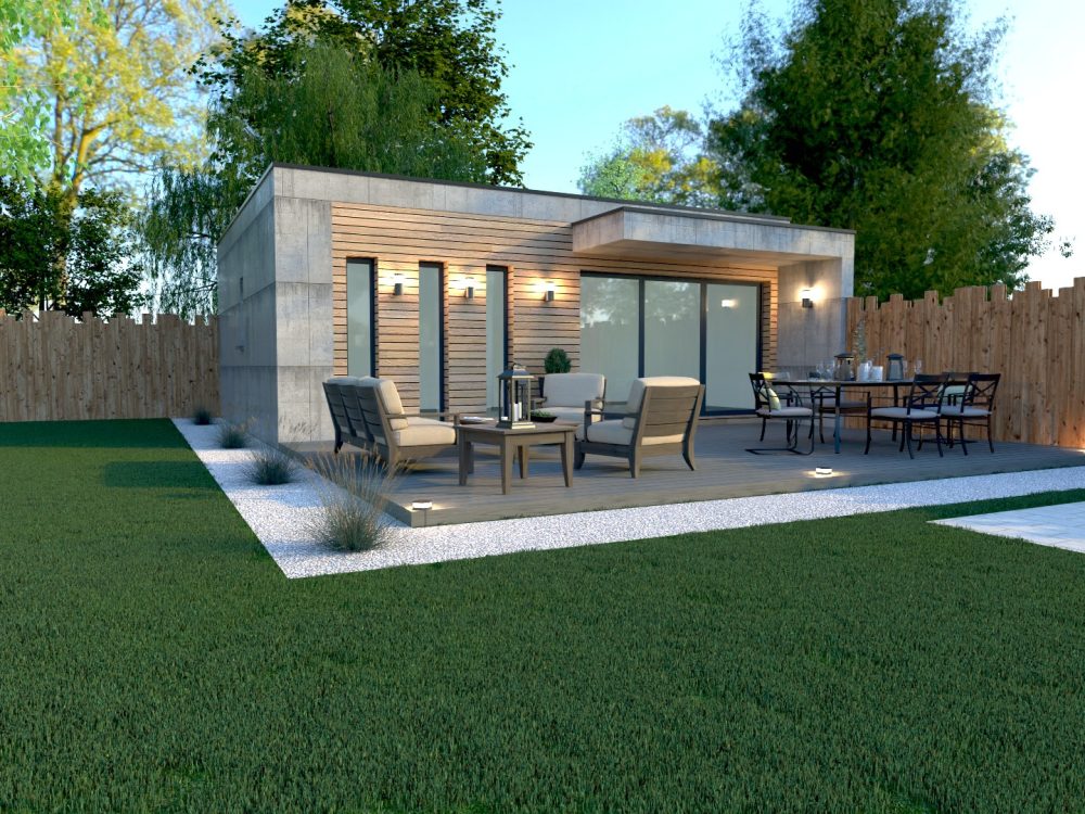 Studio de jardin X MOD 001, effet béton et bardage bois, baie vitrée, terrasse, ossature métallique légère