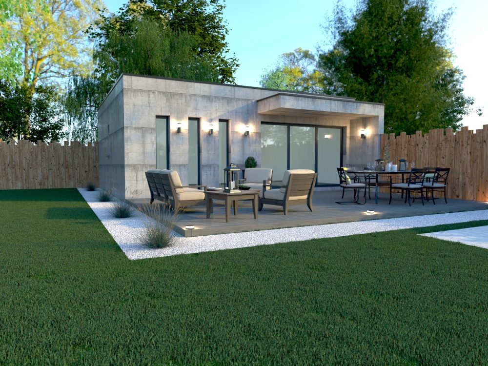 Studio de jardin X MOD 001, finition effet béton, baie vitrée, terrasse bois, ossature métallique légère