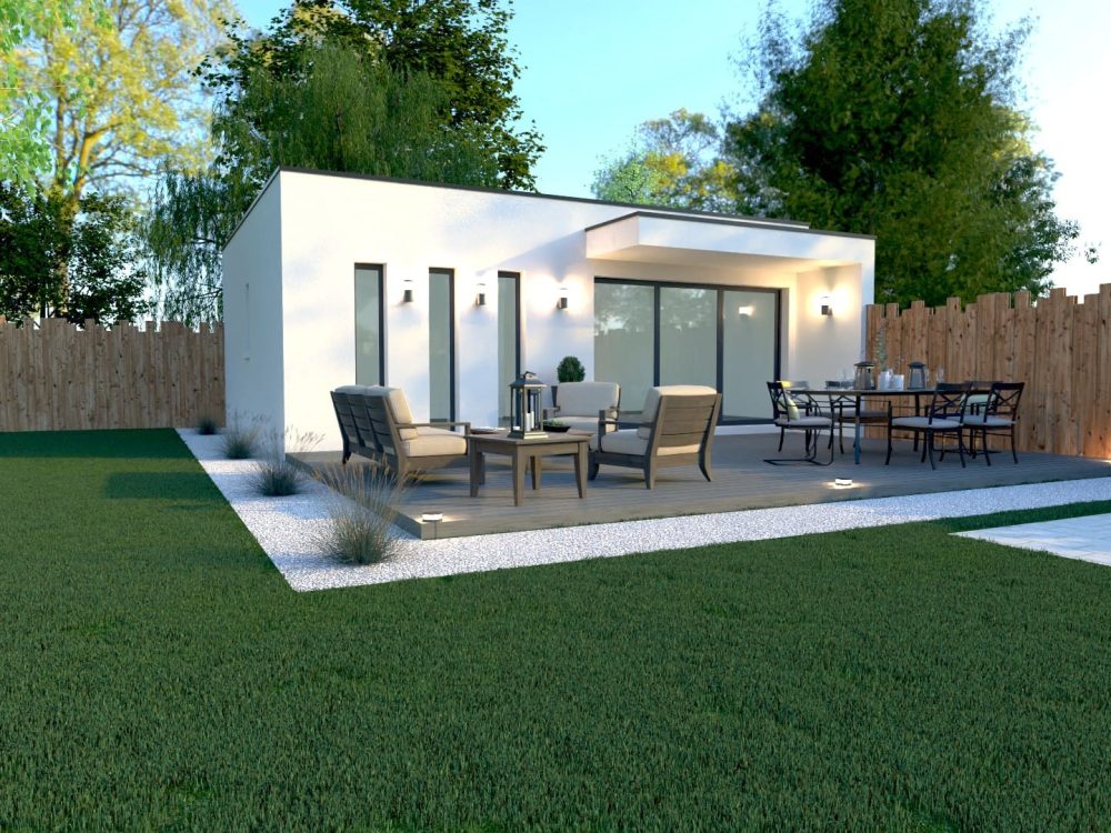 Studio de jardin X MOD 001, enduit blanc et bardage bois, grande baie vitrée, terrasse, ossature métallique légère