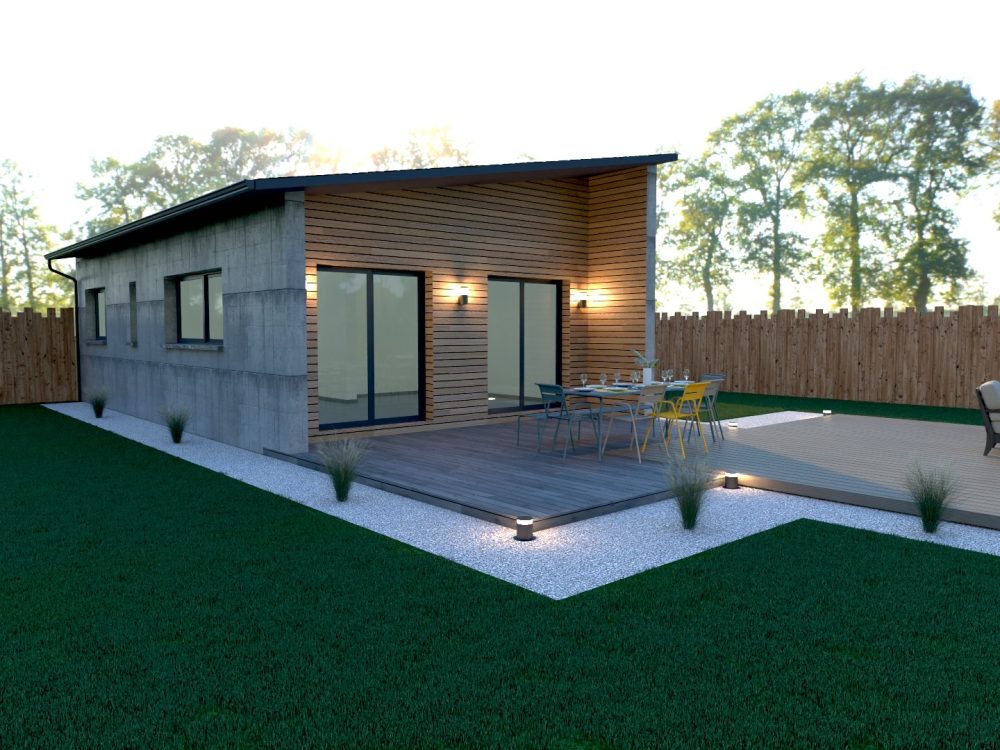 Studio de jardin X MOD 005 design, toit monopente, bardage bois, grandes baies vitrées, terrasse extérieure, ossature métallique légère