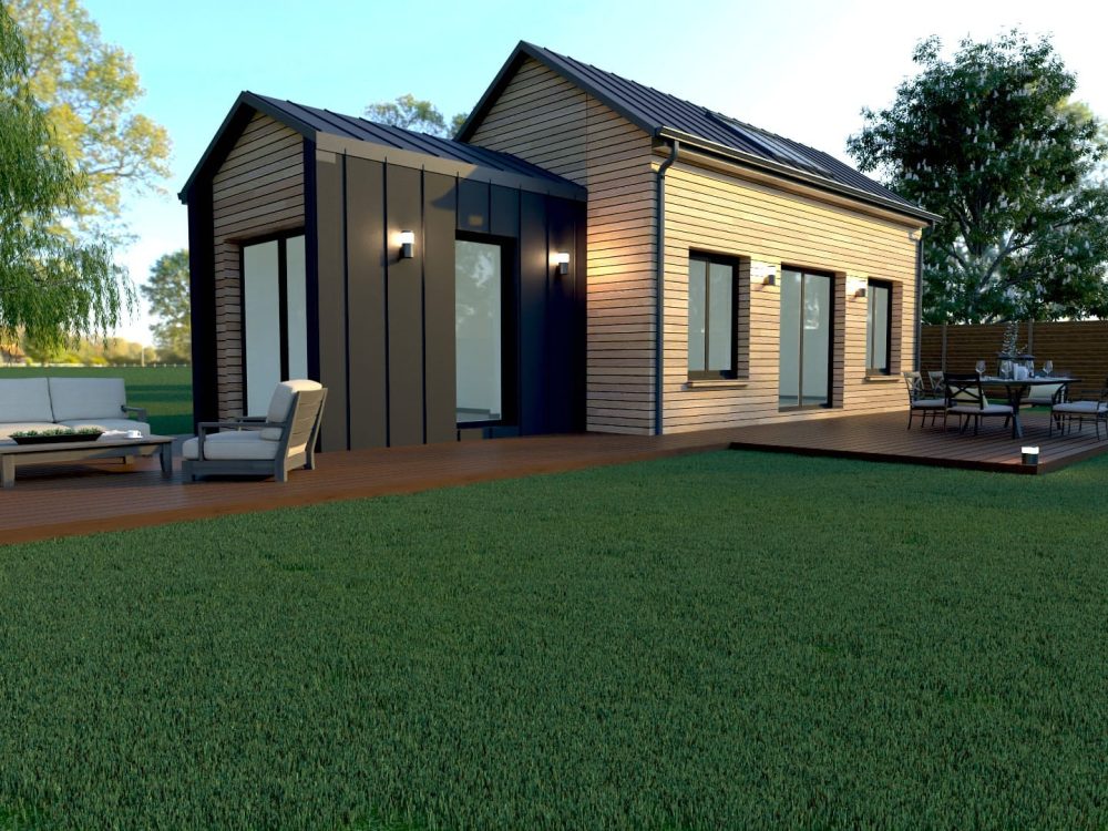 Studio de jardin X MOD 006 design avec double toiture deux pans, bardage bois, façade métal, grandes ouvertures et grande terrasse, ossature métallique légère
