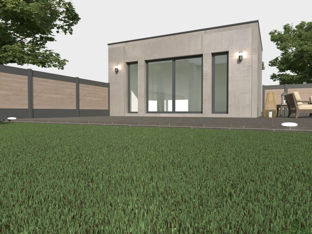 Studio de jardin X MOD 007 design, grande baie vitrée, terrasse, ossature métallique légère