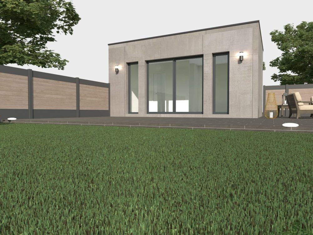 Studio de jardin X MOD 007 design, grande baie vitrée, terrasse, ossature métallique légère