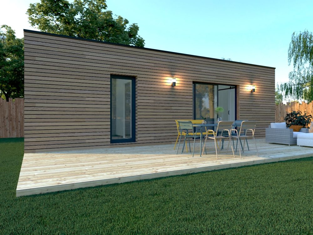 Studio de jardin X MOD 009, bardage bois naturel, grande terrasse, baie vitrée, ossature métallique légère