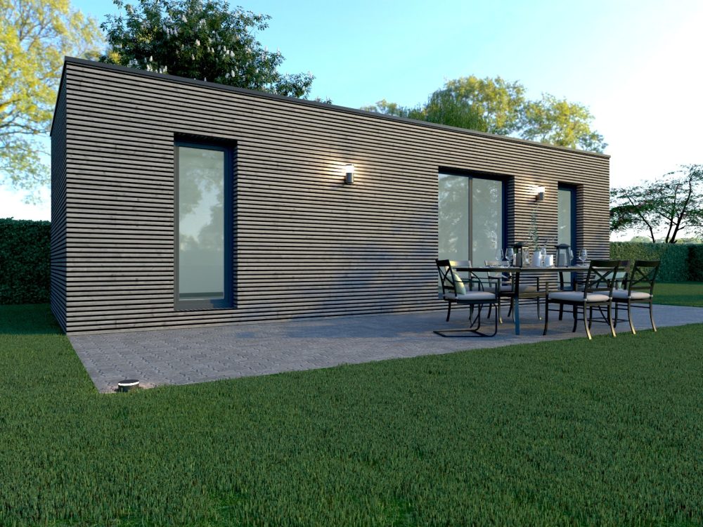 Studio de jardin X MOD 010, bardage bois sombre, grandes ouvertures, terrasse, ossature métallique légère