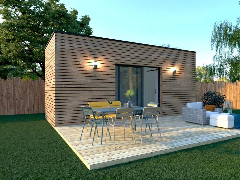 Studio de jardin X MOD 011, bardage bois, toit monopente, grande baie vitrée, terrasse, ossature métallique légère