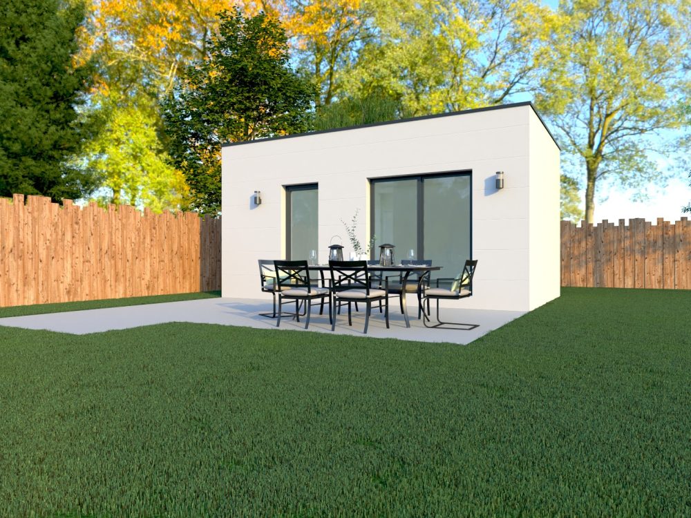 Studio de jardin X MOD 012 blanc, toit plat, grande baie vitrée, terrasse, ossature métallique légère