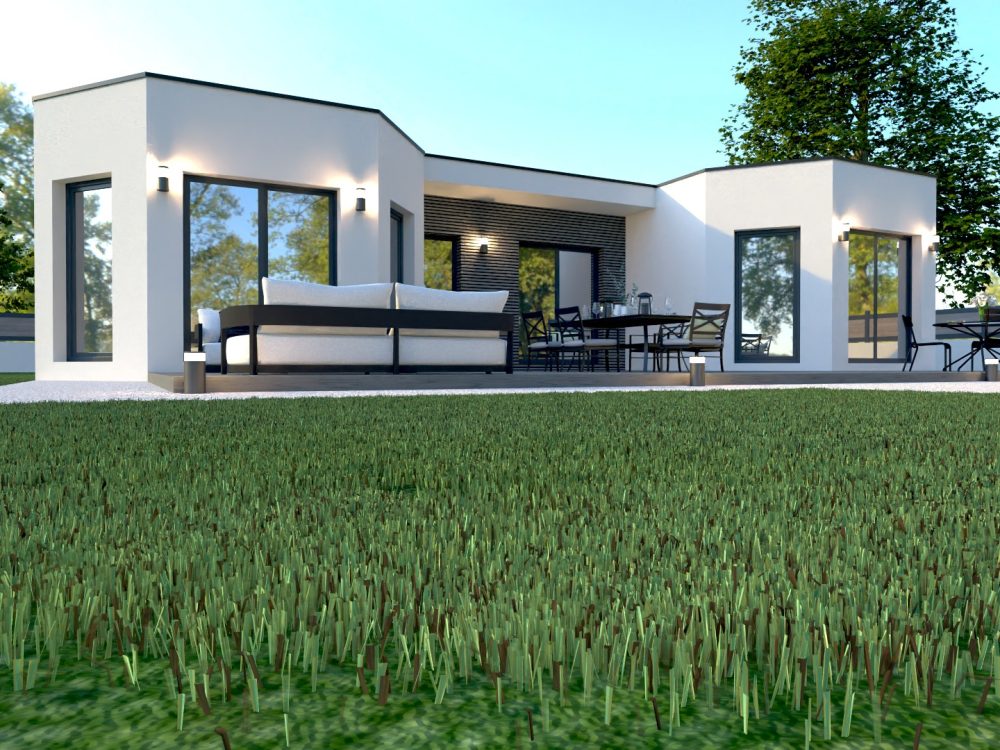 Studio de jardin X MOD 013 design, volumes en U, toit plat, grandes baies vitrées, terrasse, ossature métallique légère