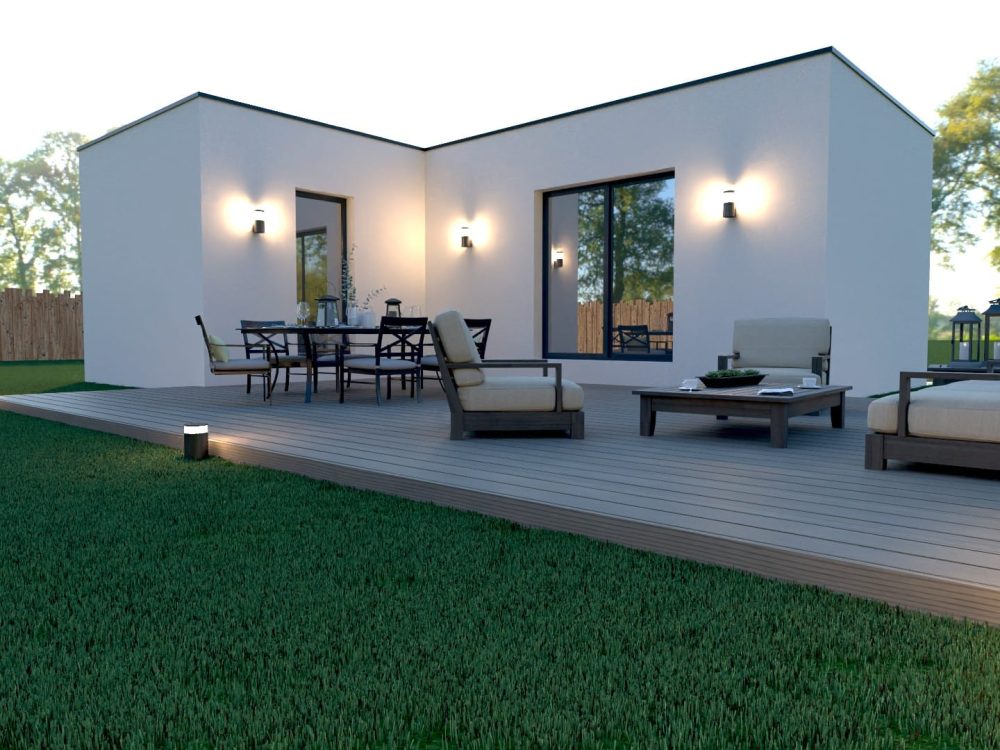 Façade du studio de jardin X MOD 014, volumes épurés, hautes ouvertures verticales, entrée protégée, ossature métallique légère
