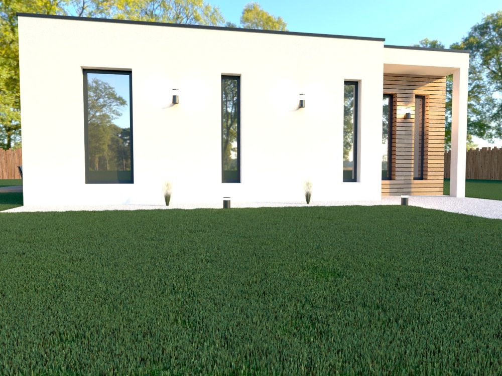 Studio de jardin X MOD 014, toit plat, grande terrasse bois, baie vitrée, éclairage extérieur, ossature métallique légère