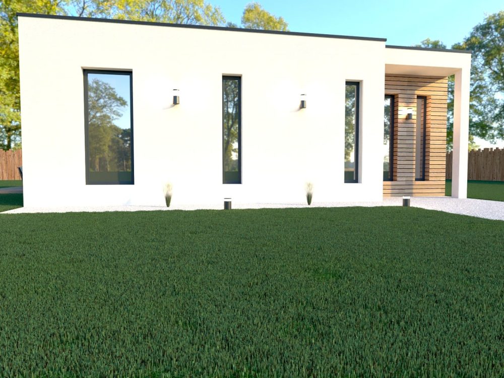 Studio de jardin X MOD 014, toit plat, grande terrasse bois, baie vitrée, éclairage extérieur, ossature métallique légère
