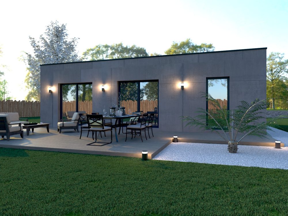 Studio de jardin X MOD 015, toit plat, grande terrasse, baies vitrées, éclairage extérieur, ossature métallique légère