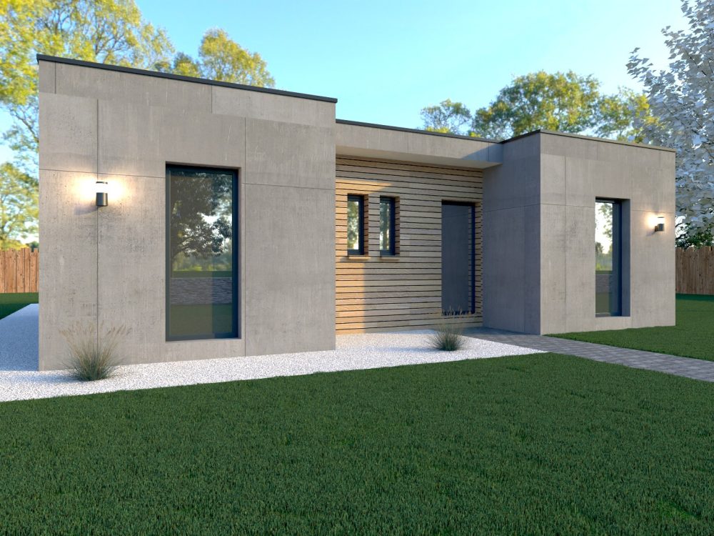 Façade du studio de jardin X MOD 015, entrée reculée, habillage bois, volumes modernes, ossature métallique légère