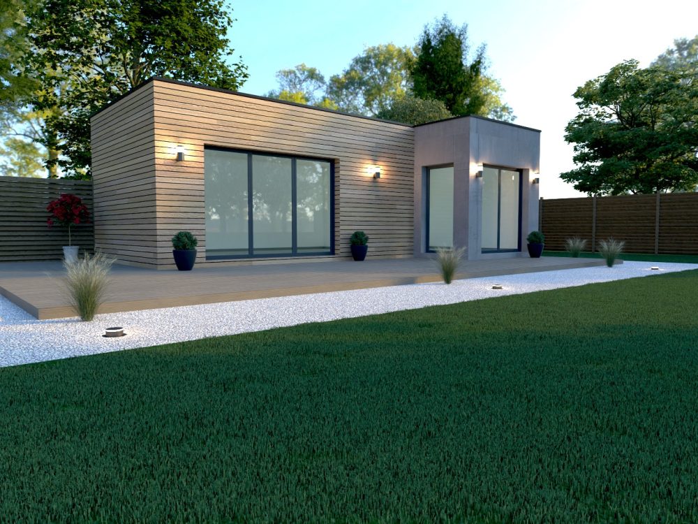 Studio de jardin X MOD 016 design, bardage bois, volume enduit, grande baie vitrée, terrasse, ossature métallique légère