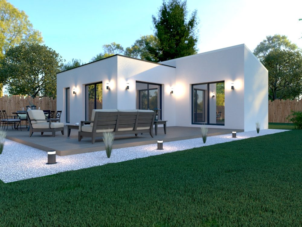 Studio de jardin X MOD 017 design contemporain, volumes décalés, grandes baies vitrées, terrasse bois, ossature métallique légère