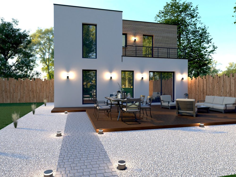 Studio de jardin X MOD 018 à étage, balcon, grandes baies vitrées, terrasse bois, ossature métallique légère